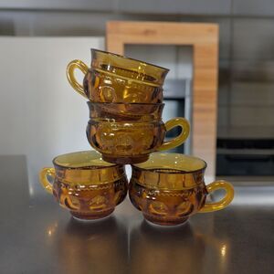 Vintage Amber Indiana Glass Teacup Mug Snack Cup Kings Crown Thumbprint 4pc Set